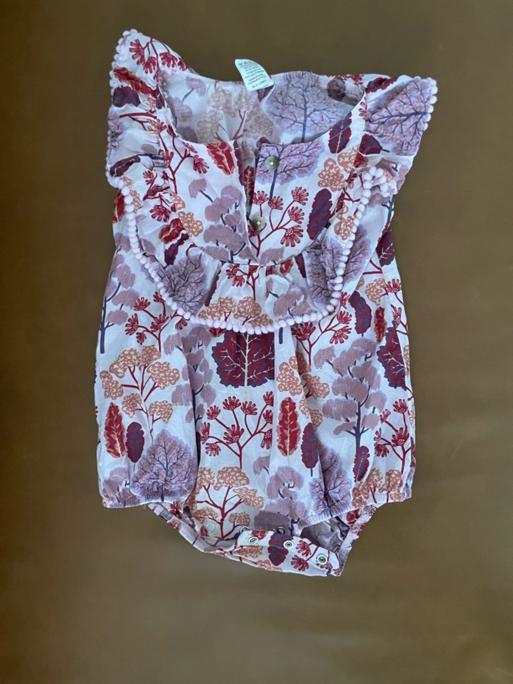 Kate Quinn: Floral Ruffle Baby Romper in Dusty Pink & Maroon